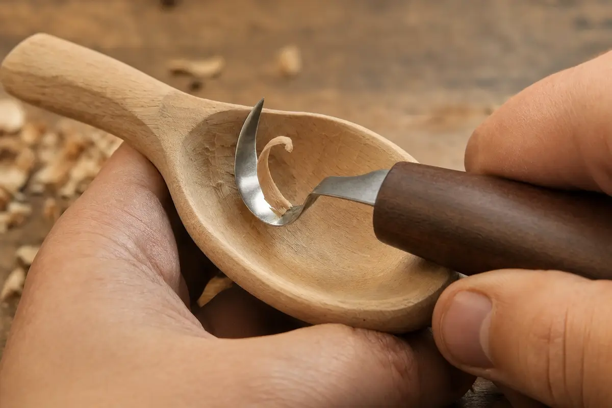 The CarveKind hook knife hollowing the bowl of a wooden spoon, lifting a thin curled shaving