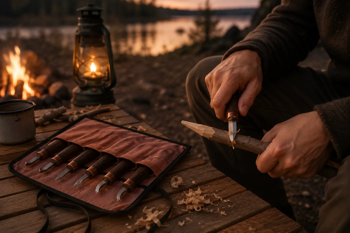 Hands whittling a stick beside a camp table at dusk, a lantern and low fire behind, the open tool roll on the table