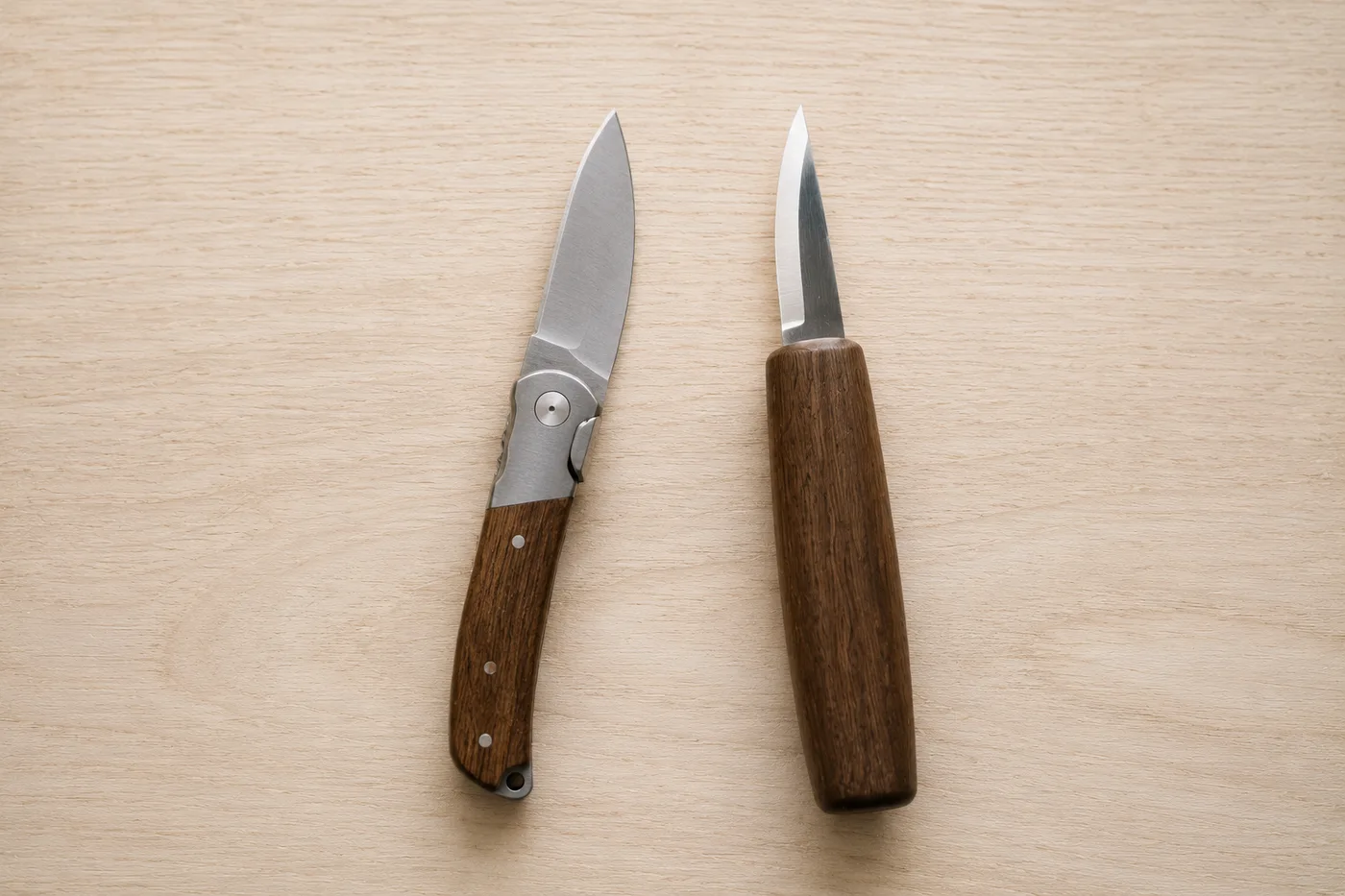 A folding pocket knife and a fixed walnut-handled carving knife placed side by side on light wood